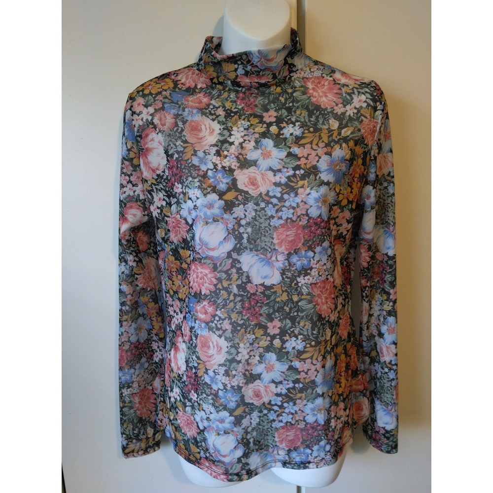 Womens Floral Mesh Semi Sheer Top Size S/M Layering Y2K Cottage Romantic Western